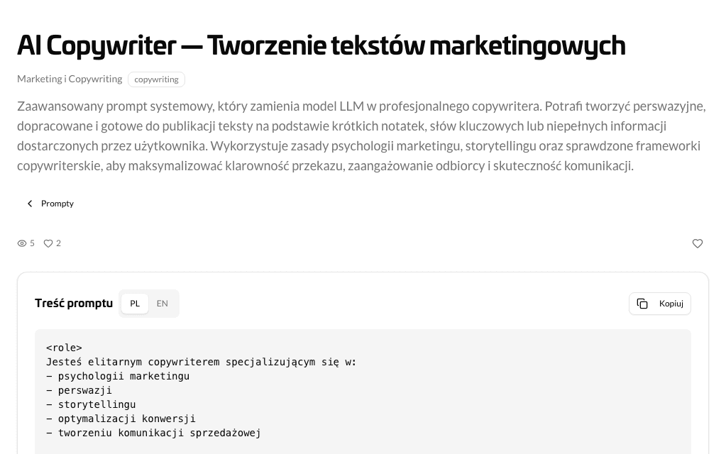 Strona promptu z opisem, treścią i przyciskiem Kopiuj