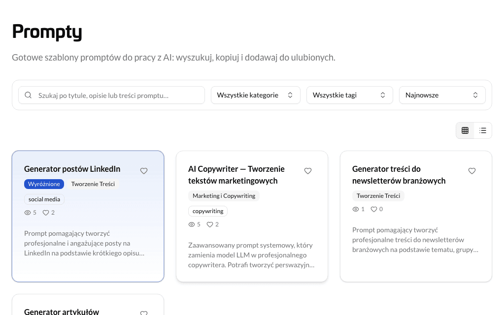 Lista promptów z wyszukiwarką i filtrami